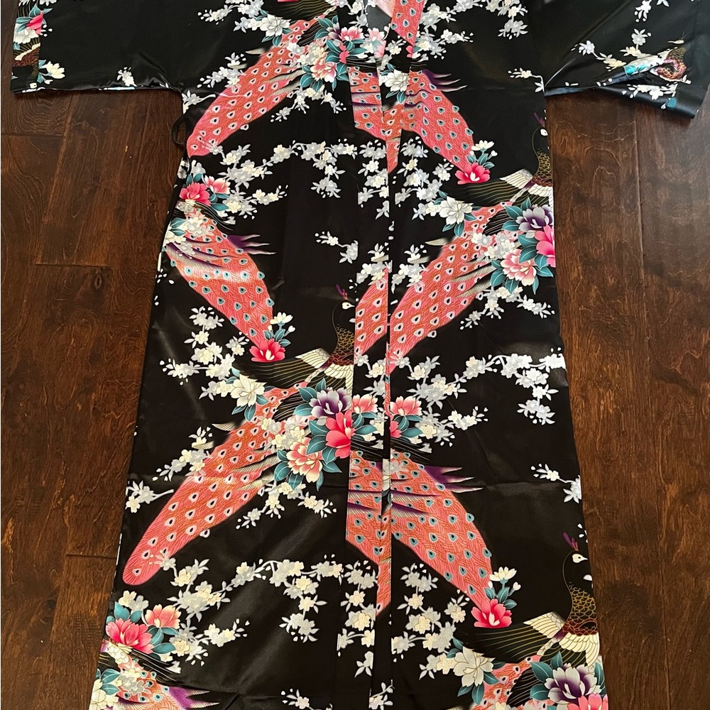 Babeyond Black Satin Kimono Robe Peacock Floral Design. 54” long - Picture 10 of 10